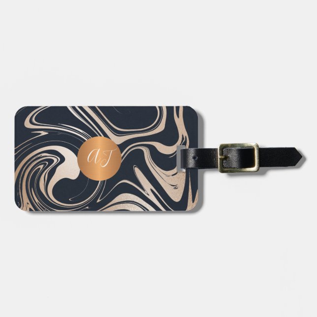 Étiquette À Bagage Marbre moderne motif rose or  cuivre monogrammé (Devant horizontal)