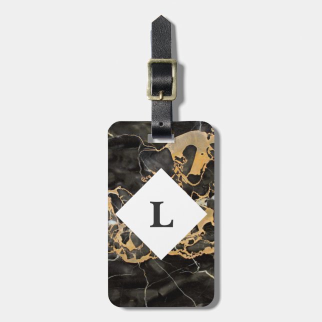 Étiquette À Bagage Marbre noir et or personnalisé (Devant Vertical)