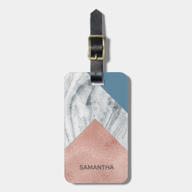 Étiquette À Bagage Marbre personnalisé Faux Rose Gold Blue (Devant Vertical)