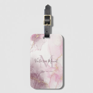 Étiquette À Bagage Marbre rose mauve avec veine dorée écriture script