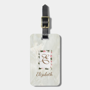 Étiquette À Bagage Marbre tendance, Cadre Floral Monogramme Personnal
