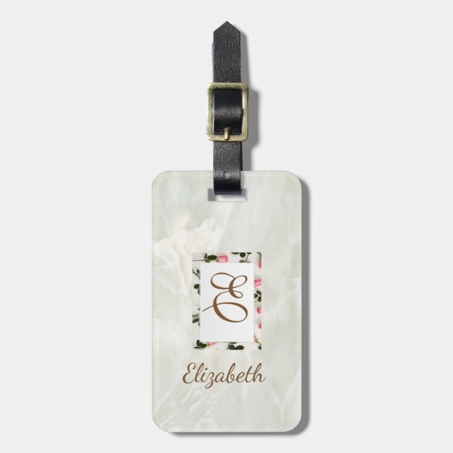 Étiquette À Bagage Marbre tendance, Cadre Floral Monogramme Personnal (Devant Vertical)