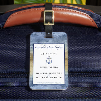 Étiquette À Bagage Mariage bleu et or Enregistrer la date