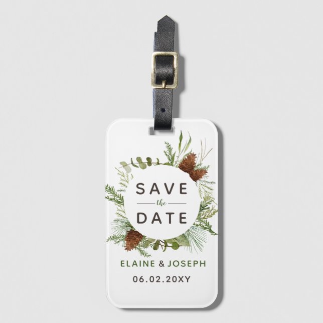 Étiquette À Bagage Mariage de cône de pin conifère rustique Enregistr (Devant Vertical)