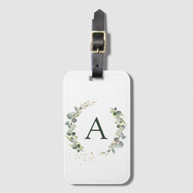 Étiquette À Bagage Mariage de monogramme de verdure d'eucalyptus bota (Devant Vertical)