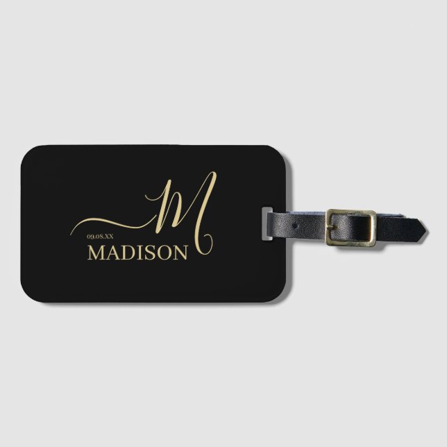 Étiquette À Bagage Mariage de script de monogramme d'or noir personna (Devant Horizontal)