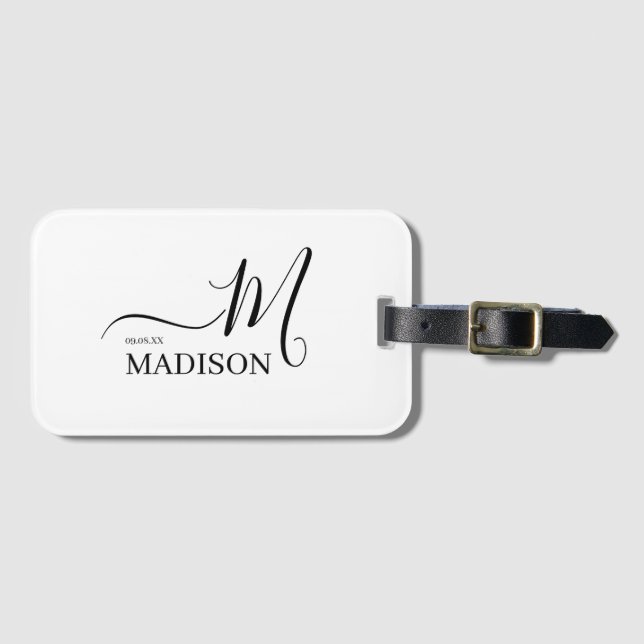 Étiquette À Bagage Mariage de script de monogramme noir blanc personn (Devant Horizontal)