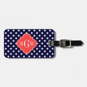 Étiquette À Bagage Marine Blanc Pois Coral Quatrefoil 3 Monogramme