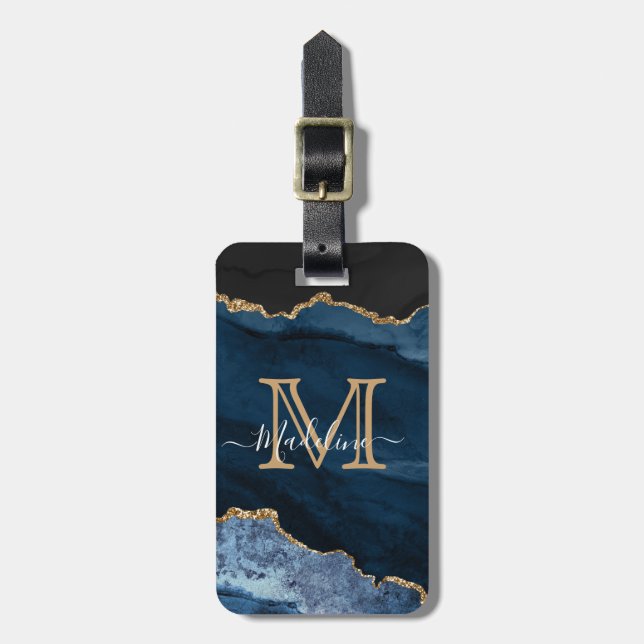 Étiquette À Bagage Marine Blue Gold Agate Monogramme Nom Script Initi (Devant Vertical)