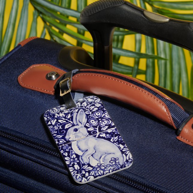 Étiquette À Bagage Marine Blue Rabbit Bunny Élégant Floral Voyage ID (Insitu Rectoal 1)