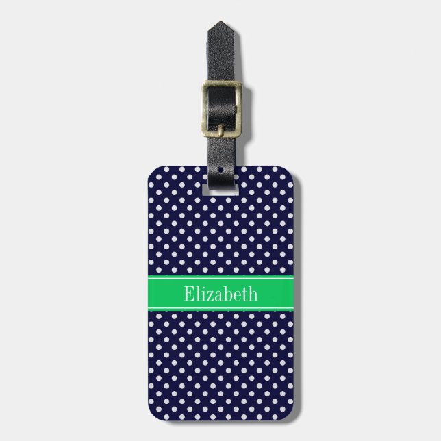 Étiquette À Bagage Marine Blue Wt Polka Dot Emerald Nom vert Monogram (Devant Vertical)