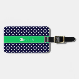 Étiquette À Bagage Marine Blue Wt Polka Dot Emerald Nom vert Monogram