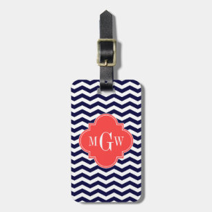 Étiquette À Bagage Marine Chevron Coral Red Quatrefoil 3 Monogramme T