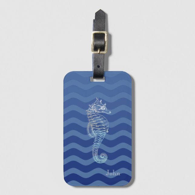 Étiquette À Bagage Marine Nautique Bleu Stripe Vagues Seahorse (Devant Vertical)
