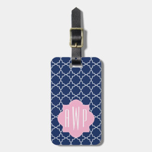 Étiquette À Bagage Marine Quatrefoil et monogramme rose