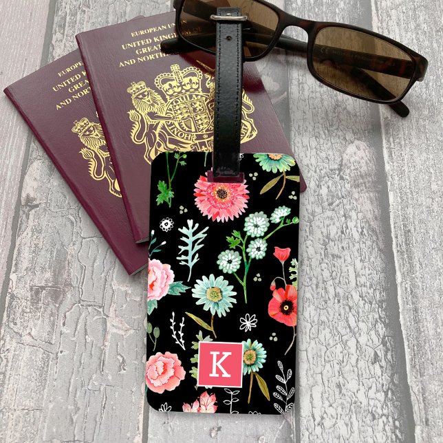 Étiquette À Bagage Marque de bagage monogramme fleur sauvage botaniqu (Botanical wildflowers monogram luggage tag)