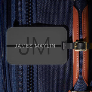 Étiquette À Bagage Masculine élégant gris foncé Nom et monogramme