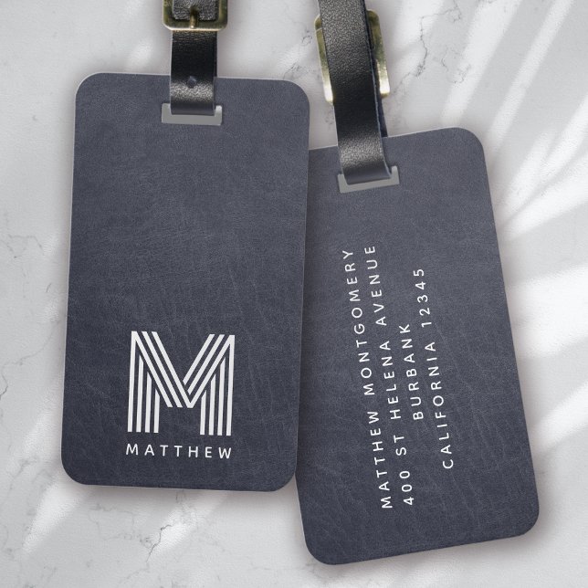 Étiquette À Bagage Masculine en cuir bleu gras monogramme (Créateur téléchargé)