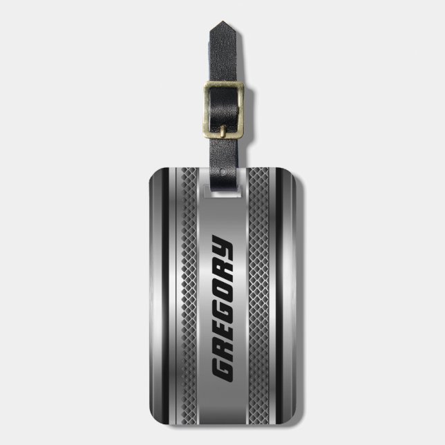Étiquette À Bagage Masculine Faux Grandes Argent Design Monogramme (Devant Vertical)