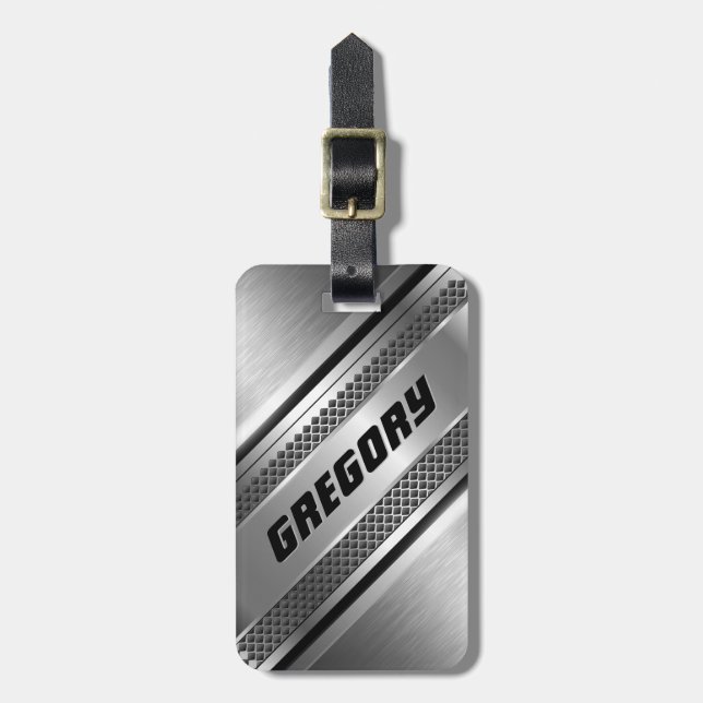 Étiquette À Bagage Masculine Faux Grandes Argent Design Monogramme 2 (Devant Vertical)