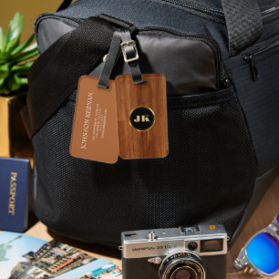 Étiquette À Bagage Masculine moderne élégante Bois monogrammé Nom