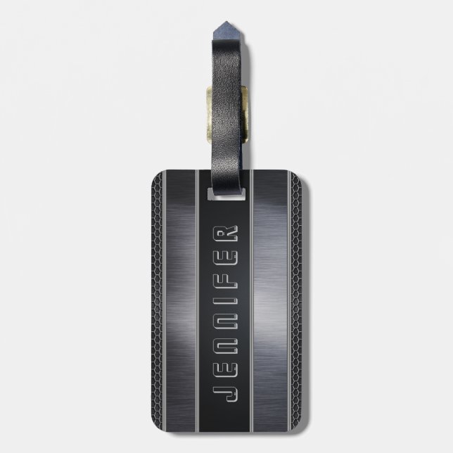 Étiquette À Bagage Masculine monogramme Métallique Argent Gris et Noi (Dos Vertical)