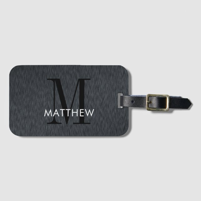 Étiquette À Bagage Masculine Monogramme Script Métal brossé noir  (Devant Horizontal)