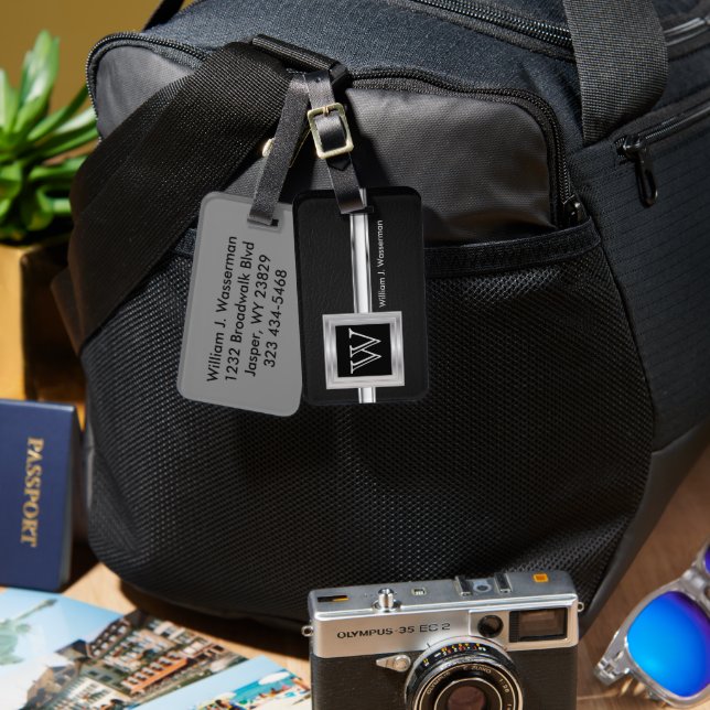 Étiquette À Bagage Masculine Monogramme Style Exécutif - Cuir Noir (Recto & Verso)