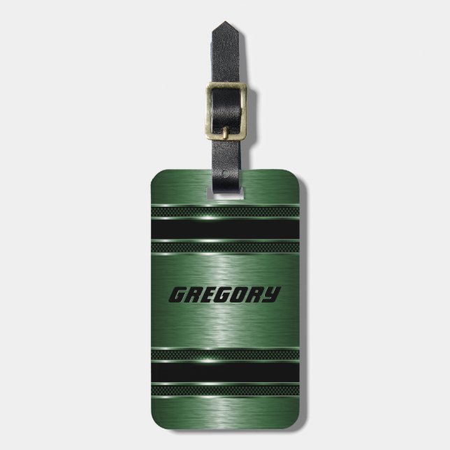 Étiquette À Bagage Masculine Vert Moderne Faux Rayures Métalliques (Devant Vertical)