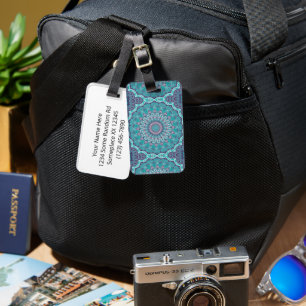 Étiquette À Bagage Médaillon de kaléidoscope de mandala bleu et viole