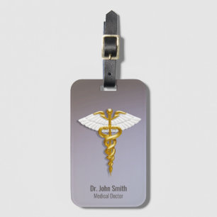 Étiquette À Bagage Médicale Elegant Gold Caduceus ailes blanches
