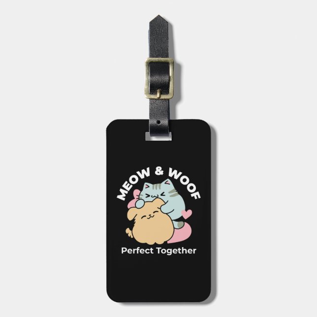 Étiquette À Bagage Meow & Woof Perfect Together - Cute Cat and Dog (Devant Vertical)