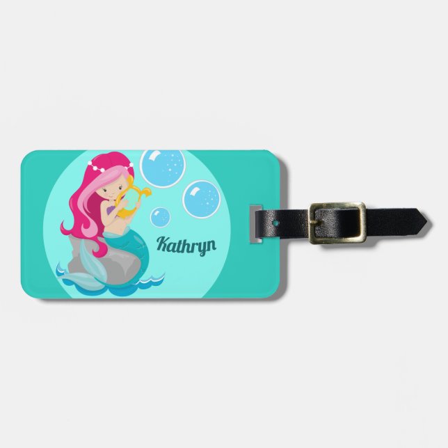 Étiquette À Bagage Mermaid Girl Cute Personnalisé Monogramme Turquois (Devant horizontal)