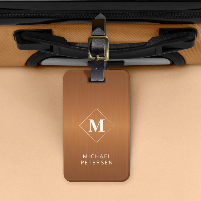 Étiquette À Bagage Métal brossé moderne en cuivre monogrammé (Créateur téléchargé)
