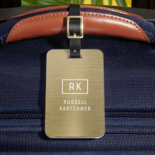 Étiquette À Bagage Métal brossé Or Monogramme moderne
