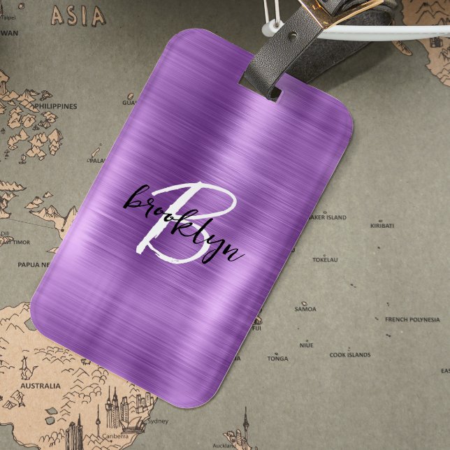 Étiquette À Bagage Métal brossé violet noir noir Monogramme blanc (Créateur téléchargé)