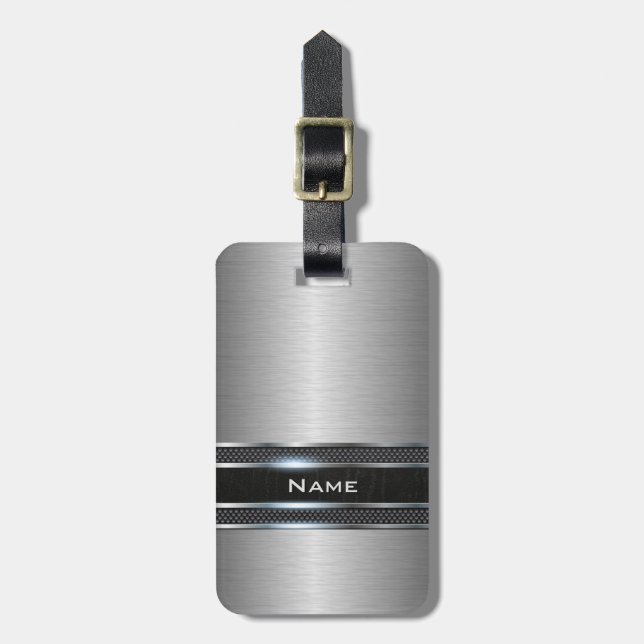 Étiquette À Bagage Métal élégant avec le regard en cuir de rayure (Devant Vertical)