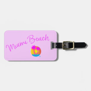 Étiquette À Bagage Miami-Beach-logo-soleil-palmiers-rose lilas