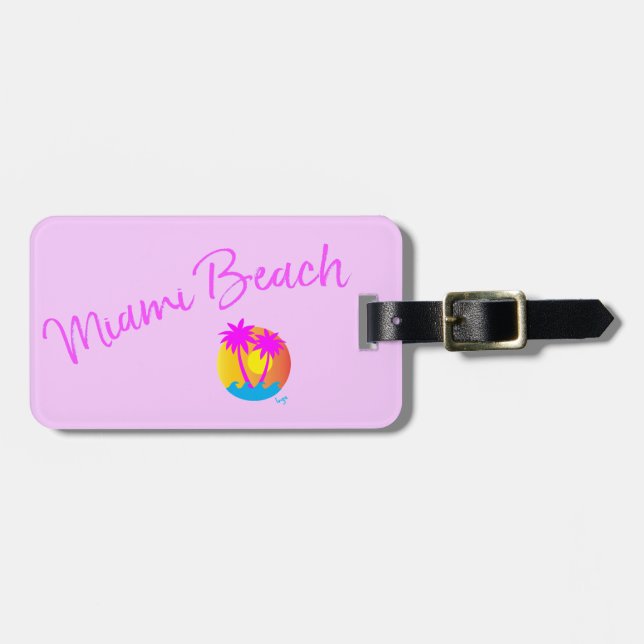 Étiquette À Bagage Miami-Beach-logo-soleil-palmiers-rose lilas (Devant horizontal)
