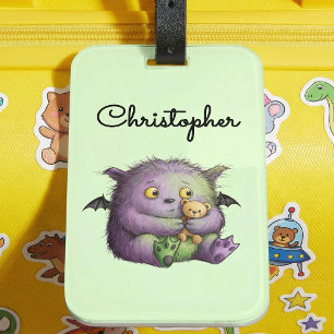 Étiquette À Bagage Mignon Monstre Buddy Violet Vert Tout Fluffy