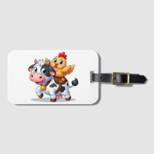 Étiquette À Bagage mignon vache/poulet caricature