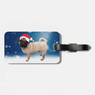 Étiquette À Bagage Mignonne chien Carlin Noël Père Noël Chapeau Neige