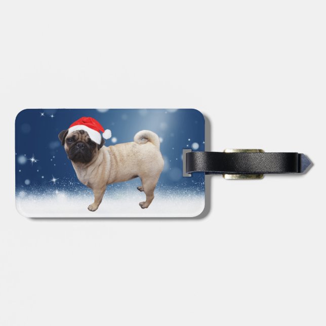 Étiquette À Bagage Mignonne chien Carlin Noël Père Noël Chapeau Neige (Dos horizontal)
