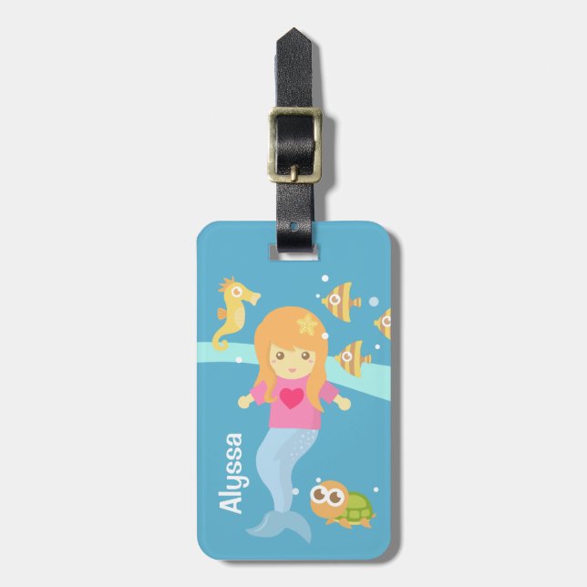 Étiquette À Bagage Mignonne fille sirène sous la mer Personnalisée (Devant Vertical)
