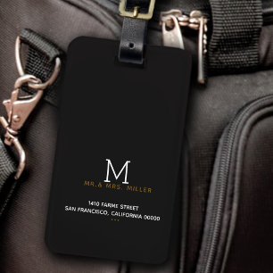Étiquette À Bagage minimaliste monogrammed noir Mr & Mrs.