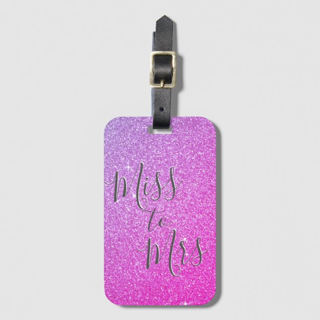 Étiquette À Bagage Mlle à Mme Bridal Pink Purple Parties scintillant  (Devant Vertical)