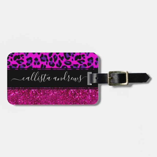 Étiquette À Bagage Mode moderne Parties scintillant rose violet Leopa (Devant horizontal)