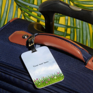 Étiquette À Bagage Modèle, ciel bleu et prairie de fleurs,