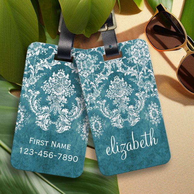 Étiquette À Bagage Modèle de Damas gris turquoise Texte personnalisé (Personalized Luggage and Bag Tag)