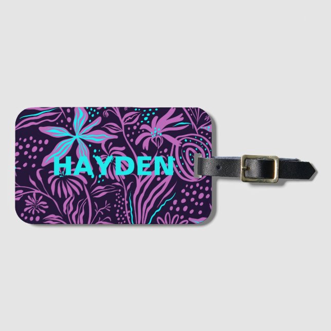 Étiquette À Bagage Modèle floral moderne violet foncé Personnalisé (Devant Horizontal)